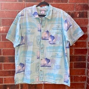 Columbia Mens XL Blue Swordfish Boat Fishing Short Sleeve Button Down Shirt